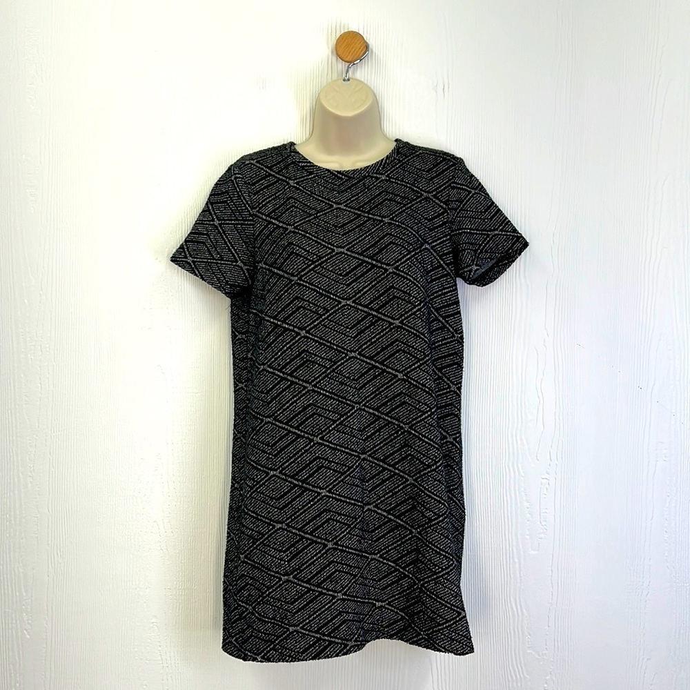 Zara - Black & White Diamond Print Midi Dress With Short Sleeves Size Medium